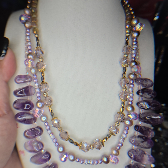 ARTISAN TRIPLE THREAT AMETHYST, PEARL & VINTAGE CRYSTAL STATEMENT NECKLACE - Picture 7 of 9